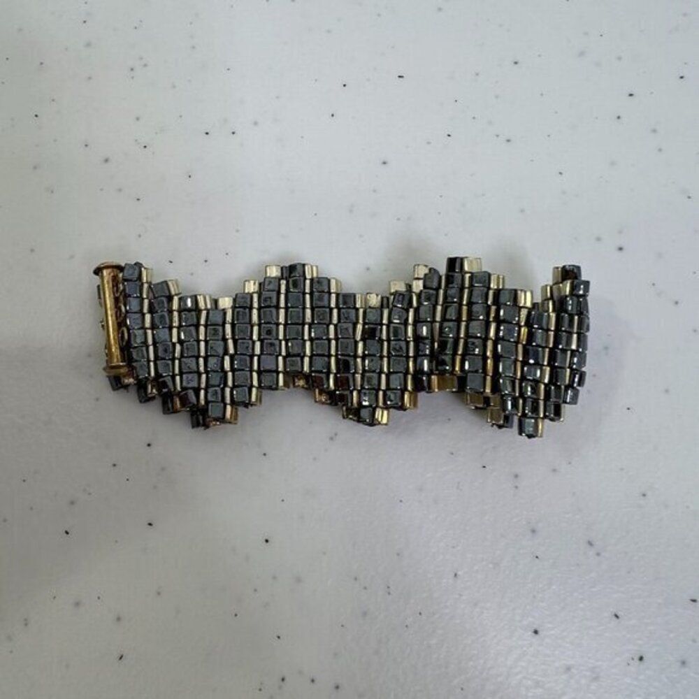Artisan Bracelet Chevron Gunmetal Gold Tone Beaded Weave‎ Geometric Boho